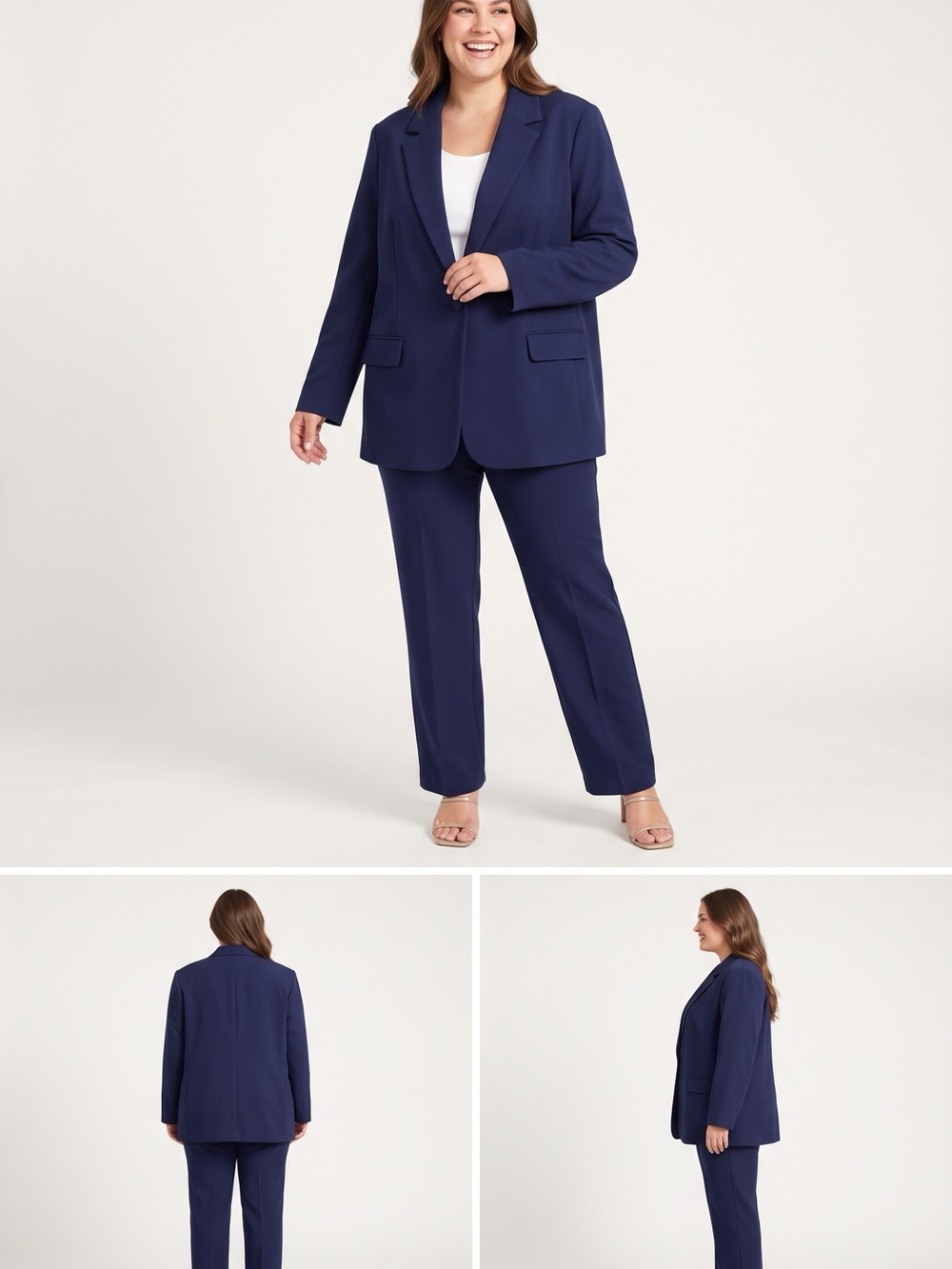 Plus-Size Navy Women's Ponte Pantsuit - Classic Blazer & Straight Pants
